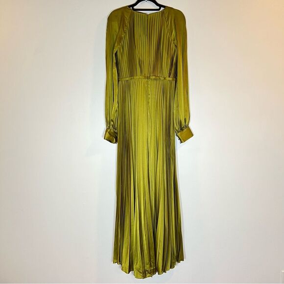 Mac Duggal Size 10 Chartreuse Green Pleated Long Blouson Sleeve Maxi Dress Gown - Picture 9 of 10